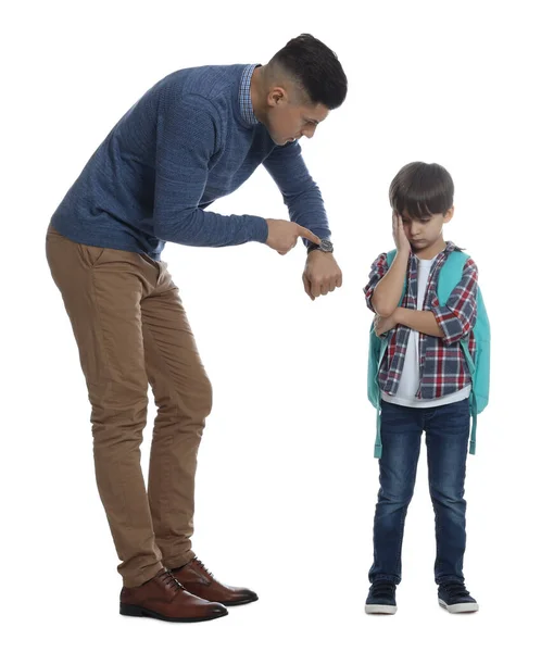 Professeur Pointant Sur Montre Bracelet Tout Grondant Élève Pour Être — Photo