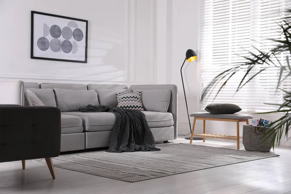 Gemütliche Wohnzimmereinrichtung Mit Bequemem Grauen Sofa Und Sessel — Stockfoto