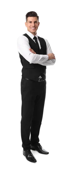 Full Length Portrait Happy Receptionist Uniform White Background — Stock Photo, Image