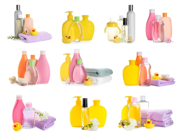 Csecsemőolajjal Egyéb Kozmetikai Termékekkel Kiegészítőkkel Fehér Alapon — Stock Fotó