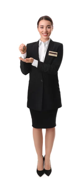 Gelukkige Jonge Receptioniste Uniform Met Sleutel Witte Achtergrond — Stockfoto