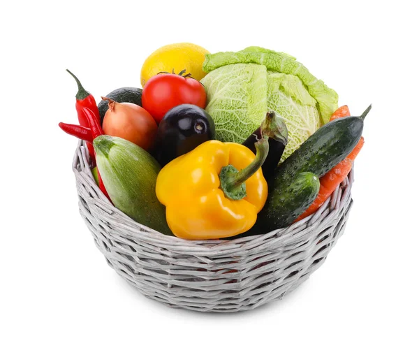 Wicker Basket Fresh Ripe Vegetables Fruit White Background — Stock Photo, Image