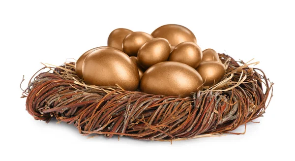Veel Gouden Eieren Nest Witte Achtergrond — Stockfoto