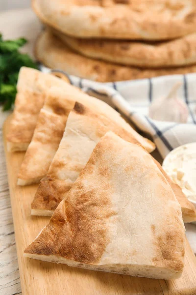 Cut Pita Bread White Wooden Table Closeup — Stock Photo, Image