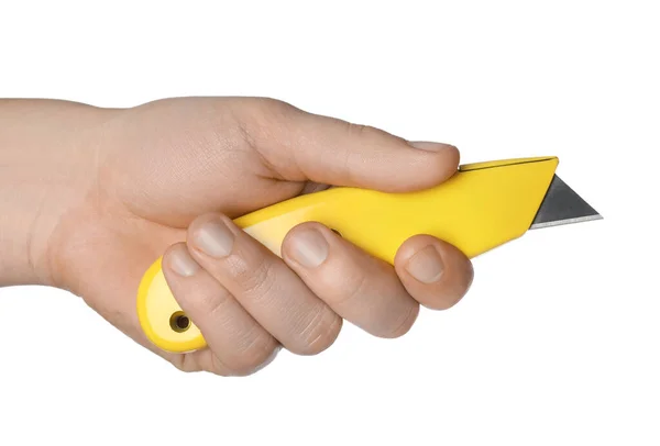 Man Holding Utility Knife White Background Closeup — Stock Photo, Image