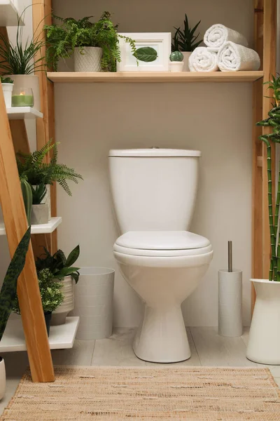 Élégant Intérieur Salle Bain Avec Cuvette Toilette Plantes Vertes — Photo