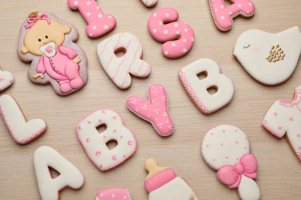 Set Baby Shower Cookies Wooden Table Flat Lay — Stock Photo, Image