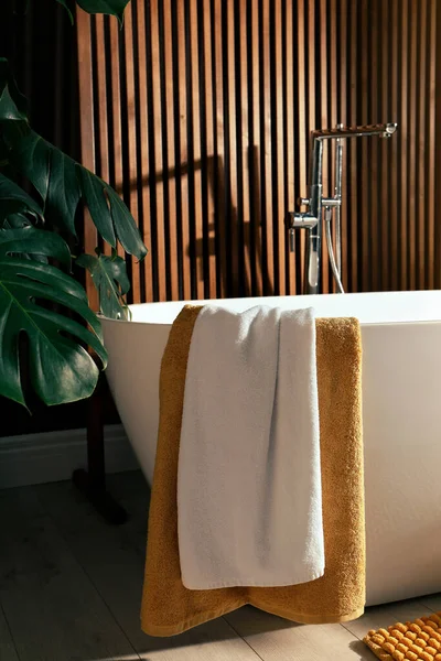 Gemütliches Badezimmer Mit Stilvoller Keramikwanne — Stockfoto