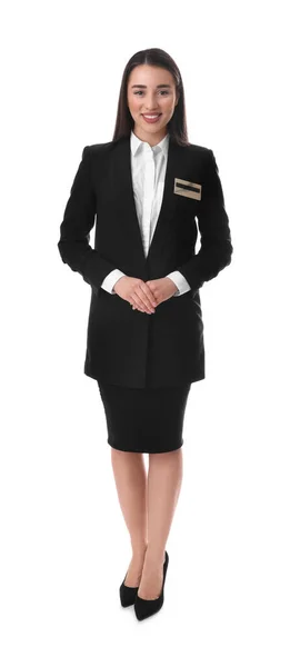 Full Length Portret Van Gelukkige Jonge Receptioniste Uniform Witte Achtergrond — Stockfoto