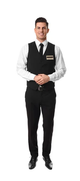 Full Längd Porträtt Glad Receptionist Uniform Vit Bakgrund Stockbild