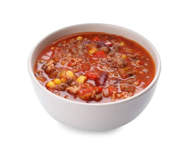 Lezzetli chili con carne beyaz arka plan üzerinde ile kase