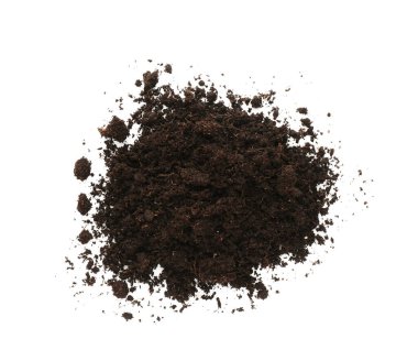 Beyaz arka planda toprak yığını, üst manzara. Verimli topraklar