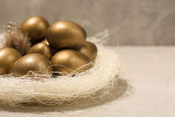 Gouden Eieren Nest Lichttafel Ruimte Voor Tekst — Stockfoto