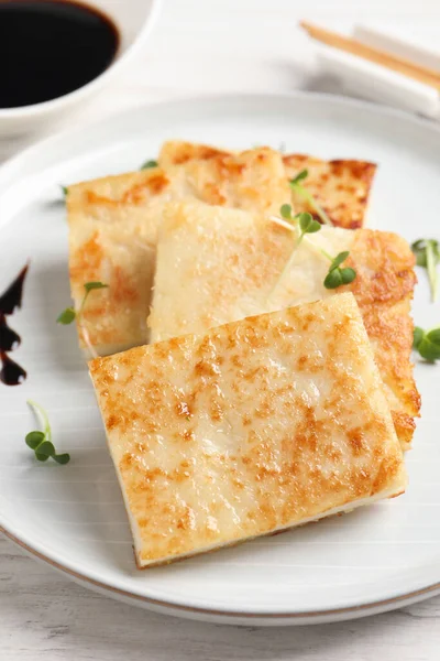 Delicious Turnip Cake Served White Wooden Table — Stock Photo, Image