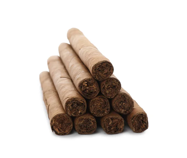 Sigaren Verpakt Tabaksbladeren Witte Achtergrond — Stockfoto