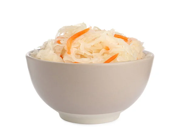 Bowl Tasty Fermented Cabbage Carrot Isolated White — Stock Photo, Image