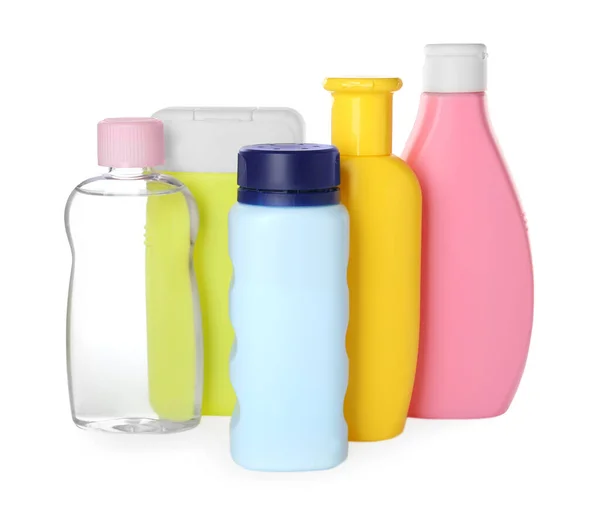 Flaskor Med Baby Kosmetiska Produkter Vit Bakgrund — Stockfoto
