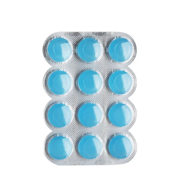 Blister Com Gotas Tosse Azul Isoladas Branco — Fotografia de Stock