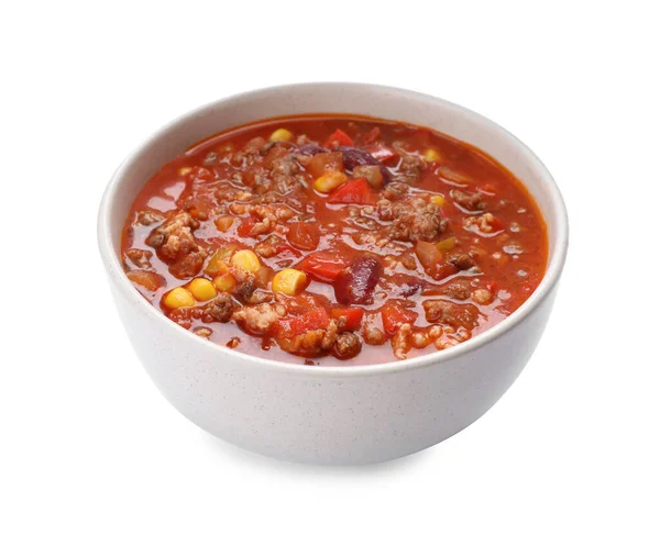 Tigela Com Chili Saboroso Con Carne Fundo Branco — Fotografia de Stock