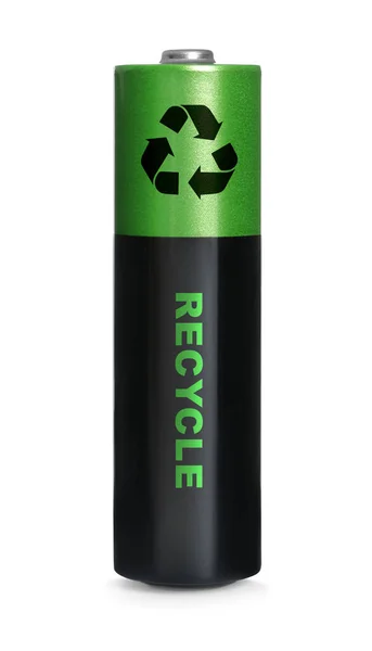 白に隔離されたリサイクルシンボル付きバッテリー — ストック写真