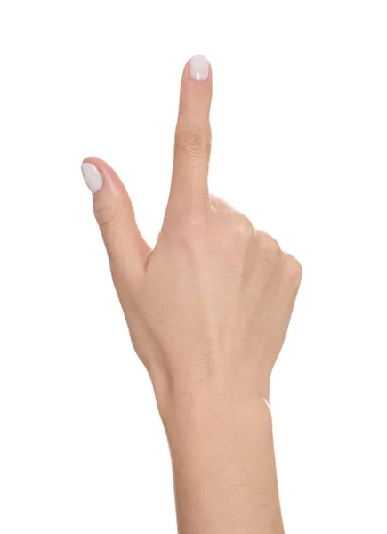 Woman Pointing Something White Background Closeup Hand — Stock Photo, Image
