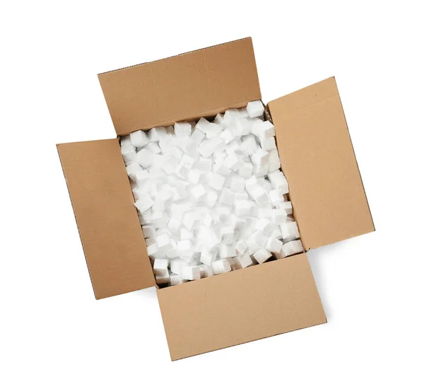 Cardboard Box Styrofoam Cubes Isolated White Top View — Stock Photo, Image