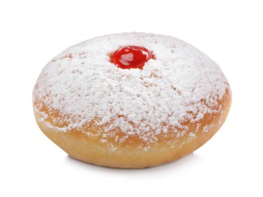 Lezzetli çörek, jöle ve pudra şekeri, beyaz üzerine izole edilmiş.