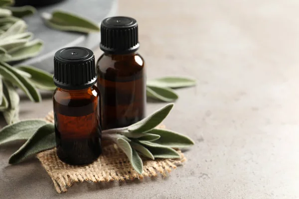 Bottles Essential Sage Oil Twigs Leaves Light Grey Table Space — Stock Photo, Image