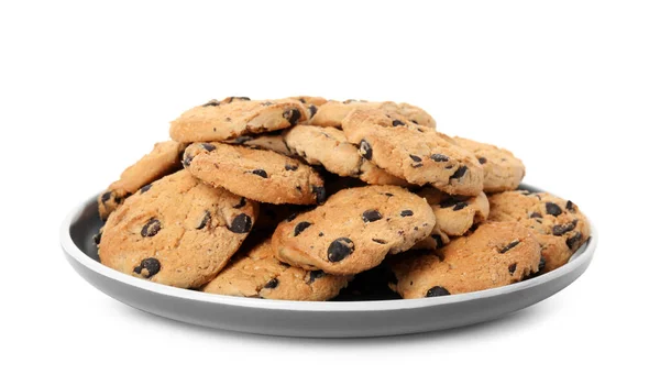 Piatto Deliziosi Biscotti Cioccolato Isolati Bianco — Foto Stock