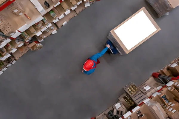 Man Working Pallet Truck Warehouse Top View Logistics Center — Stock Photo, Image