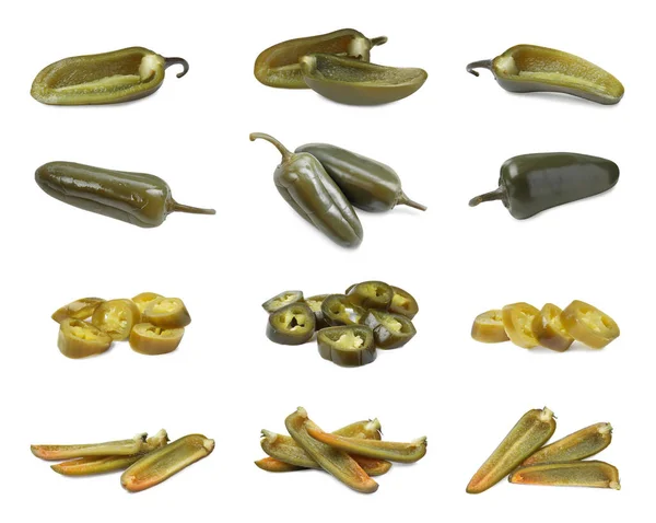 Set Pickled Green Jalapeno Peppers White Background — Stock Photo, Image