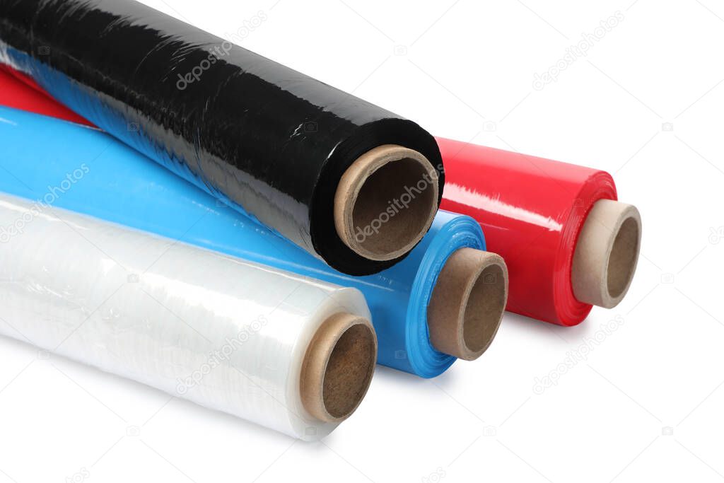 Different plastic stretch wrap films on white background