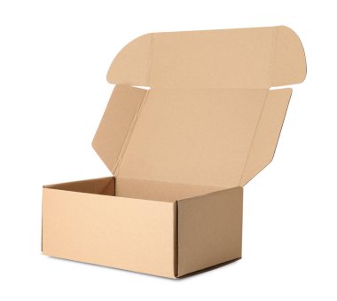 Bir adet açık karton kutu beyaza izole edilmiş.