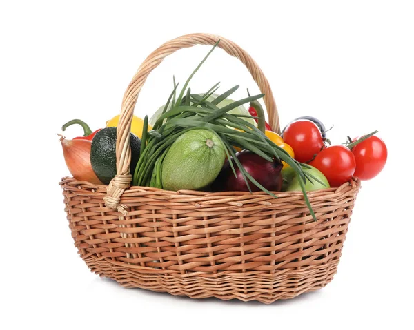 Fresh Ripe Vegetables Fruits Wicker Basket White Background — Stock Photo, Image