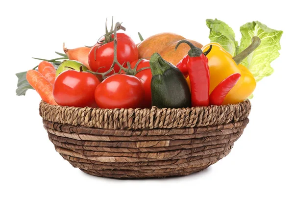 Fresh Ripe Vegetables Fruit Wicker Bowl White Background — Stock Photo, Image