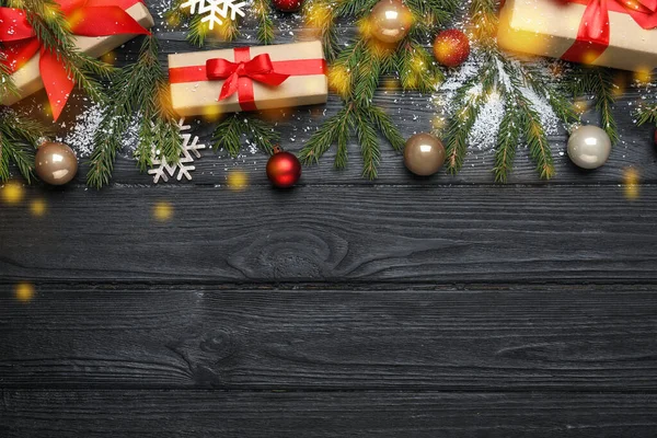 Świąteczna Kartka Miejscem Tekst Płaska Kompozycja Świeckich Gałęzi Jodły Świąteczny — Zdjęcie stockowe
