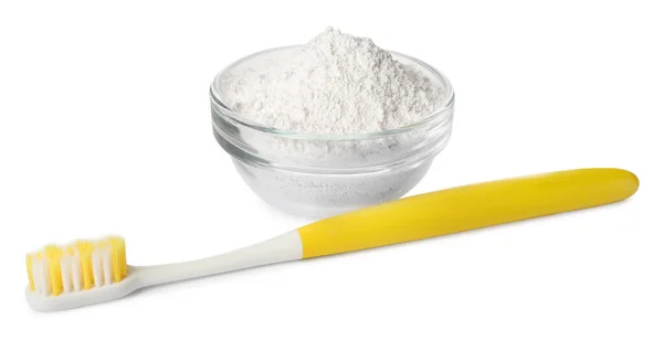 Glass Bowl Tooth Powder Brush White Background — Stock Photo, Image