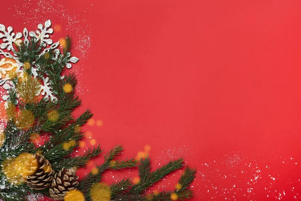 圣诞贺卡有文字空间 红底杉树枝干和喜庆装饰的平面布局构成 — 图库照片