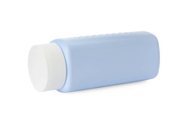 Beyaz üzerine izole edilmiş bir şişe toz tozu. Bebek kozmetik ürünü