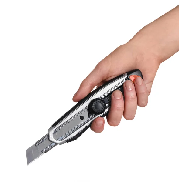 Woman Holding Utility Knife White Background Closeup — Stock Photo, Image