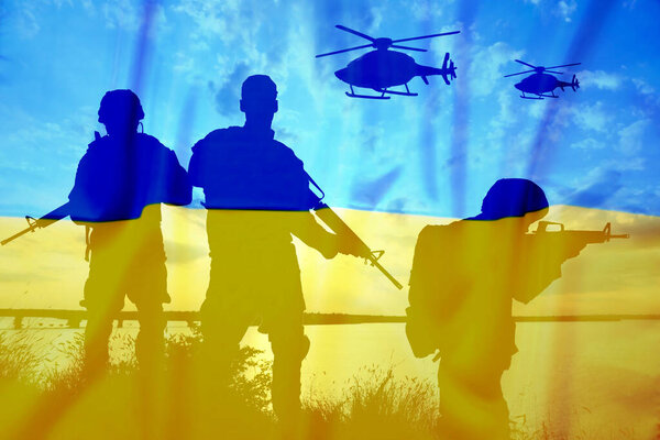 Silhouettes of soldiers and Ukrainian national flag, double exposure