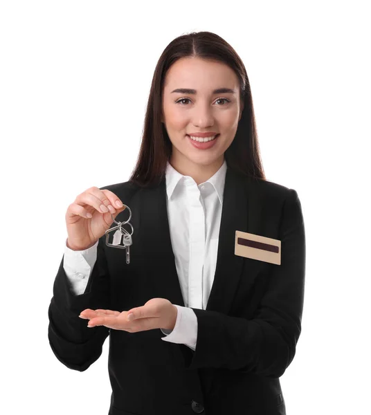 Gelukkige Jonge Receptioniste Uniform Met Sleutel Witte Achtergrond — Stockfoto