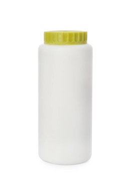 Beyaz üzerine izole edilmiş toz tozu şişesi, tasarım için alan. Bebek kozmetik ürünü