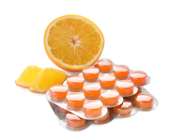 Blisters Color Cough Drops Orange White Background — Stock Photo, Image