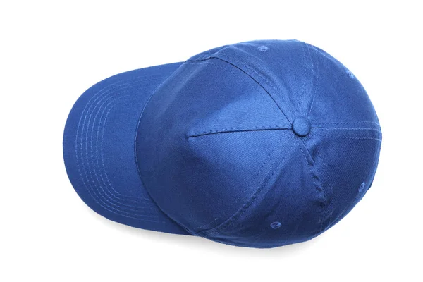 Elegante Gorra Béisbol Azul Sobre Fondo Blanco Vista Superior — Foto de Stock