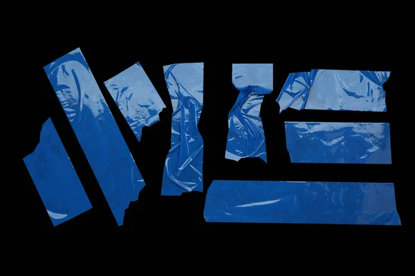 Πολλά Κομμάτια Της Μπλε Αυτοκόλλητης Ταινίας Μαύρο Φόντο Επίπεδη Lay — Φωτογραφία Αρχείου