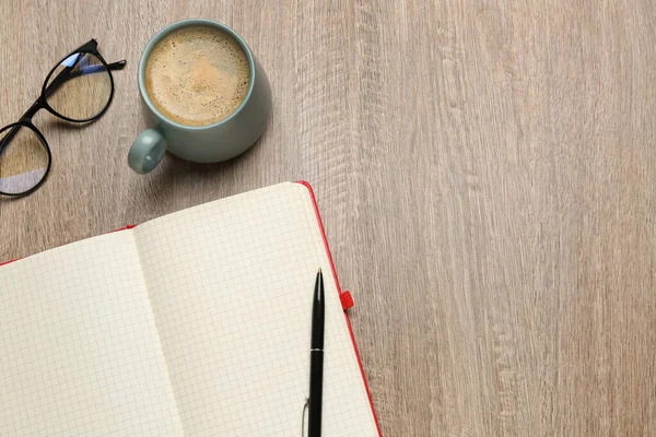 Blank Notebook Cup Coffee Glasses Wooden Table Flat Lay Space — Stock Photo, Image