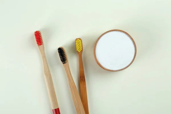 Bamboo Toothbrushes Bowl Baking Soda Beige Background Flat Lay — Stock Photo, Image