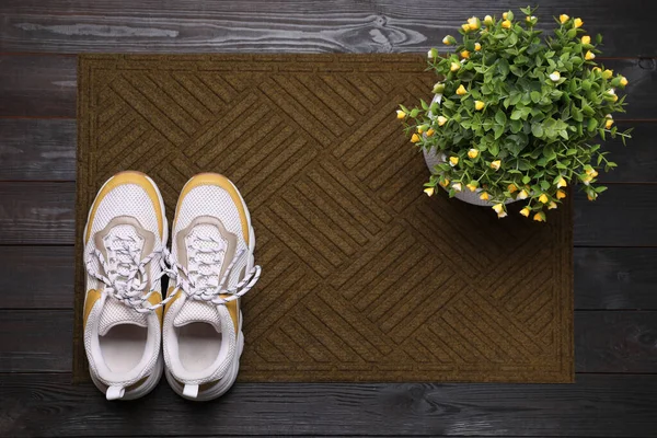 New Clean Door Mat Shoes Plant Black Wooden Floor Top — Stock Photo, Image