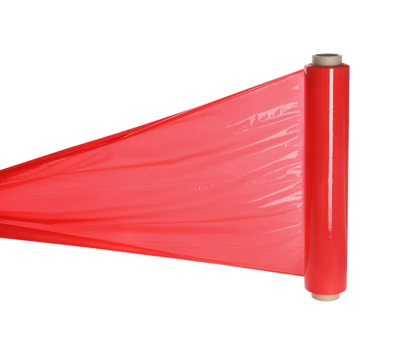 Roll of red plastic stretch wrap on white background